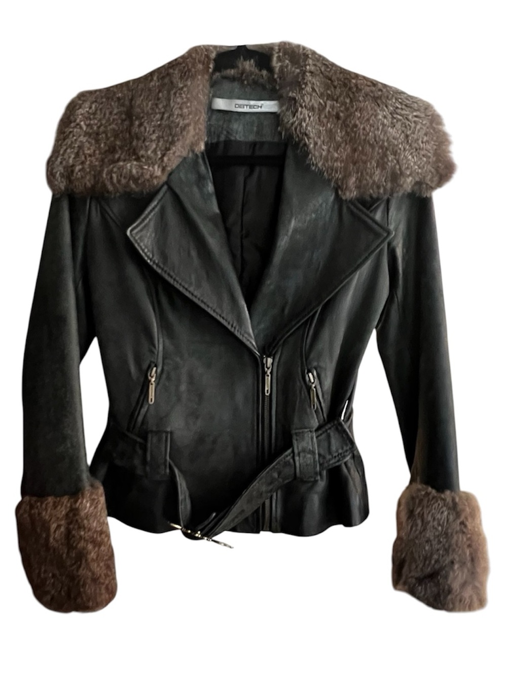 Deitech Black Leather Jacket with Brown Fur Collar & Cuffs
